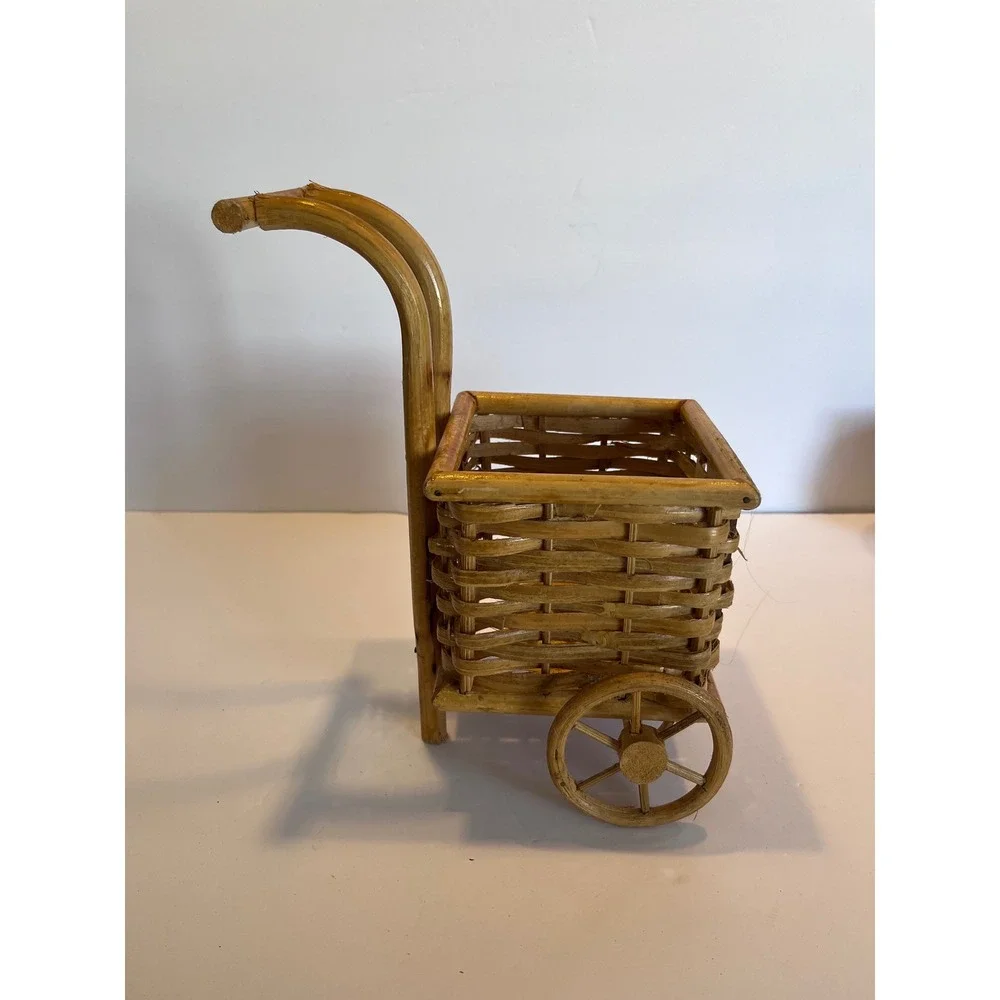 Vintage Wicker Bamboo Mini Push Cart Basket Decorative Planter Rolling Wheels